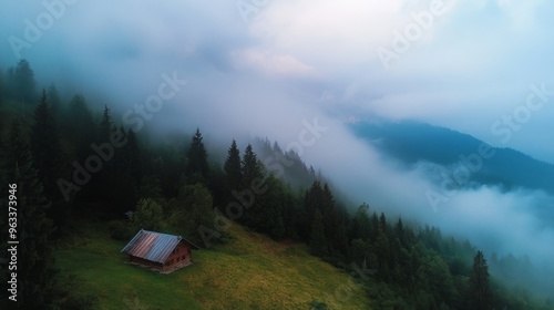 bird's eye view, in the fog, mountain hut, sky, clouds, nature, landscape, storm, cloud, mountain, tree, weather, forest, trees, fog, sunset, dark, mountains, cloudscape, mist, summer, rain, blue, 