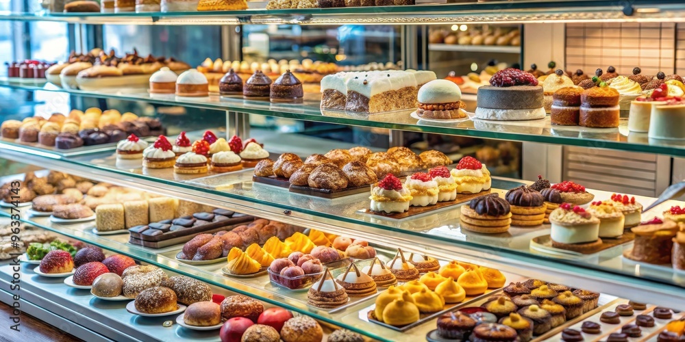 A glass display case filled with a variety of delicious pastries and cakes with space for text on the right A glass display case filled with a variety of delicious pastries and cakes with space for text on the right