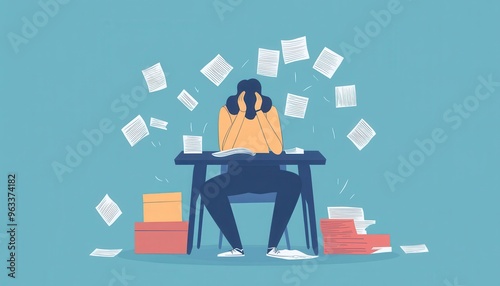 A woman sits at a desk overwhelmed by paperwork, her head in her hands, surrounded by scattered documents and boxes.