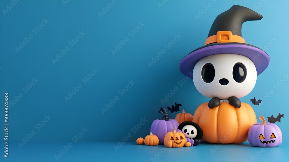 A cute cartoon skeleton in a witch hat beside colorful pumpkins, perfect for Halloween-themed decorations and festive designs. A cute cartoon skeleton in a witch hat beside colorful pumpkins, perfect for Halloween-themed decorations and festive designs.