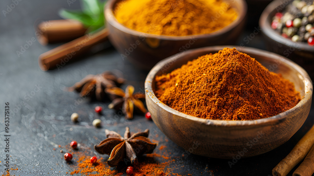 Adding vibrant spices and garam masala powder copy space with selective emphasis