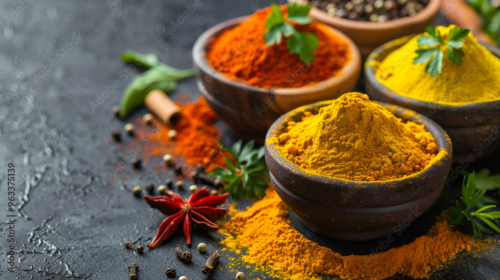 Adding vibrant spices and garam masala powder copy space with selective emphasis Adding vibrant spices and garam masala powder copy space with selective emphasis
