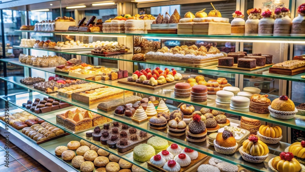 Bakery display case filled with a delicious assortment of cakes and pastries
