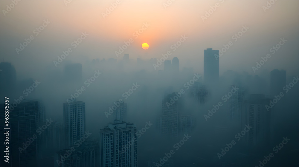A city skyline covered in thick smog during sunset, with skyscrapers fading into the haze and a warm orange sun peeking through the fog A city skyline covered in thick smog during sunset, with skyscrapers fading into the haze and a warm orange sun peeking through the fog