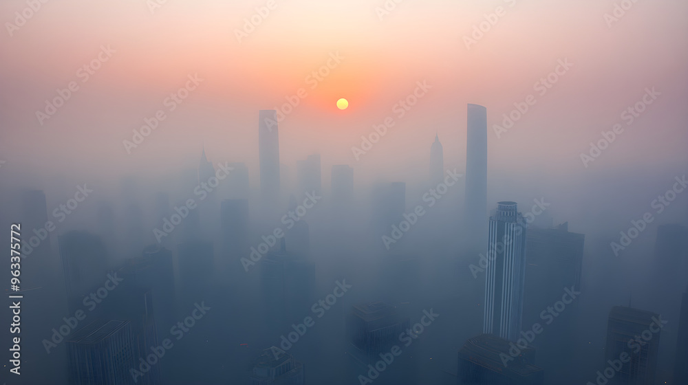A city skyline emerges through thick smog at sunrise, with tall buildings silhouetted against the hazy orange sun A city skyline emerges through thick smog at sunrise, with tall buildings silhouetted against the hazy orange sun