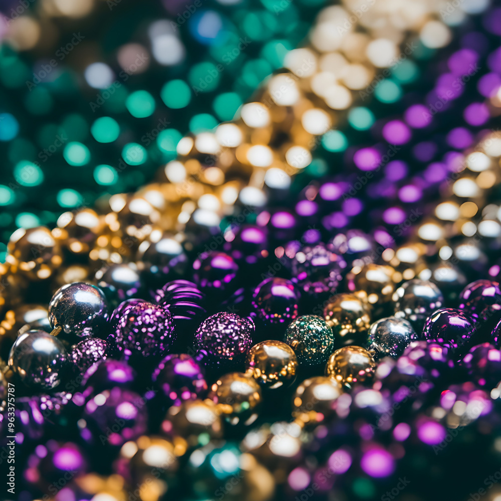 A close-up image of traditional Mardi Gras beads showcases vibrant colors and sparkling textures in a festive arrangement A close-up image of traditional Mardi Gras beads showcases vibrant colors and sparkling textures in a festive arrangement