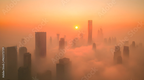 A city skyline emerges through thick smog at sunset, creating a dramatic atmosphere with soft orange hues surrounding towering buildings