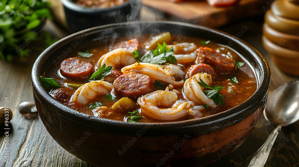 A delicious bowl of gumbo with shrimp and sausage, steam rising, garnished with fresh herbs, set on a rustic wooden table A delicious bowl of gumbo with shrimp and sausage, steam rising, garnished with fresh herbs, set on a rustic wooden table