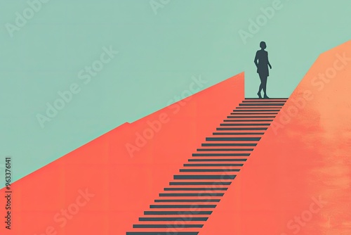 A solitary figure ascends a staircase, painted against a vibrant coral and sky blue backdrop, symbolizing ambition and the journey towards success.