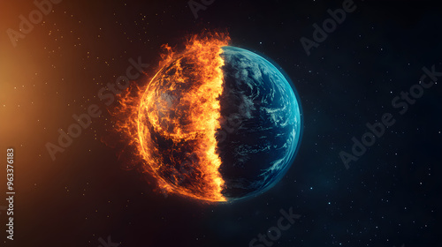 A digital representation of Earth with one half engulfed in flames while the other remains lush and blue illustrating the contrast between destruction and preservation photo