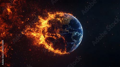 A digital representation of Earth surrounded by flames symbolizes climate change and environmental destruction showcasing a vivid contrast between beauty and chaos