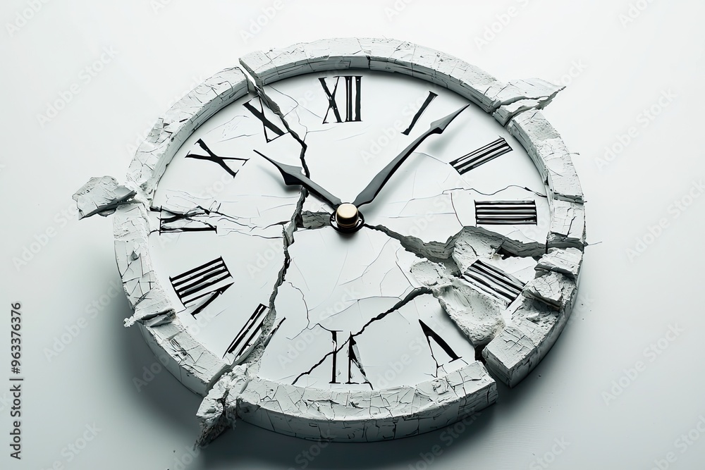 Time Stands Still: A Cracked Clock Face, Its Hands Frozen in a Moment of Pause. Time Stands Still: A Cracked Clock Face, Its Hands Frozen in a Moment of Pause.