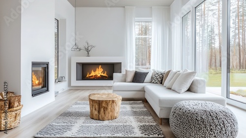 A Scandinavian-inspired living room with a white corner sofa situated by a cozy fireplace. photo