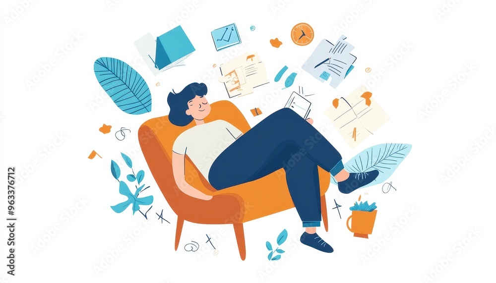 Obraz premium Woman relaxing in a chair, surrounded by papers and leaves