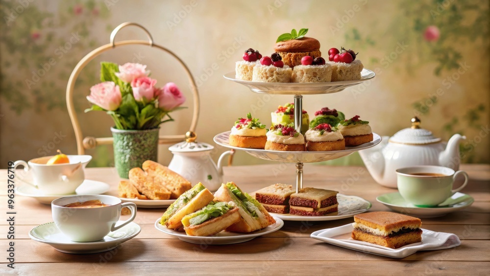 custom made wallpaper toronto digitalTraditional English afternoon tea set with assortment of cakes and sandwiches on a background, copy space available