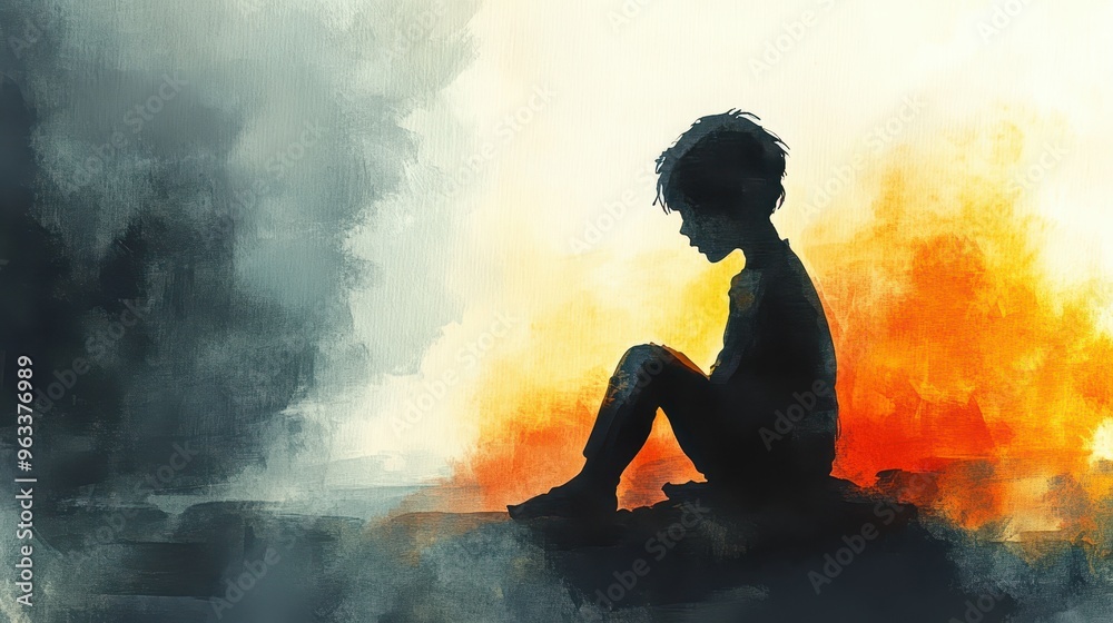 Solitude and Contemplation - Young Boy Feeling Overwhelmed in Watercolor Style with Soft Shadows Solitude and Contemplation - Young Boy Feeling Overwhelmed in Watercolor Style with Soft Shadows