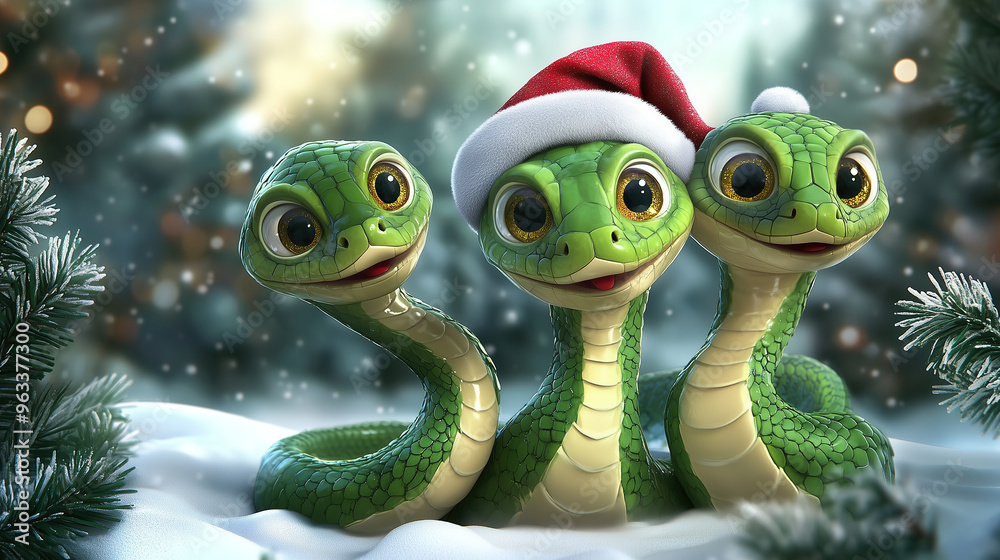 Obraz premium A family of three funny cute green snakes congratulate you on Christmas and New Year