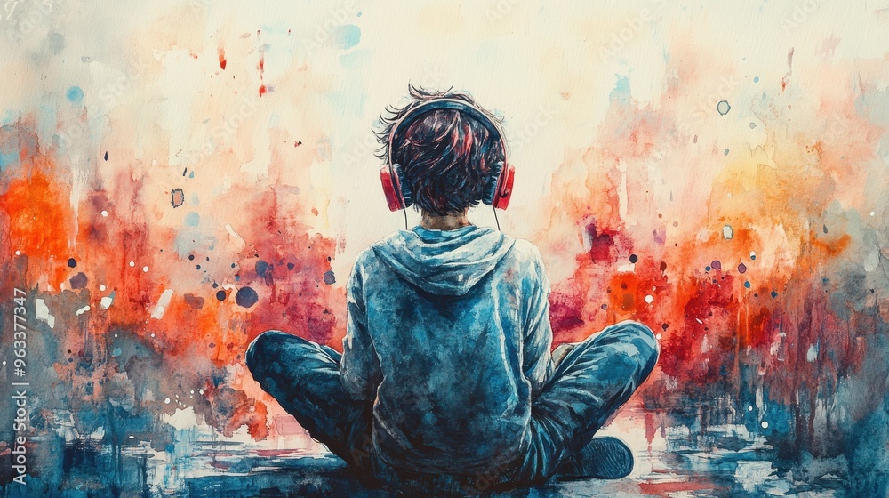 Fototapeta premium Blissful Teenager: Escaping Reality with Music - Watercolor Style Illustration of Young Person Lost in Melodic World
