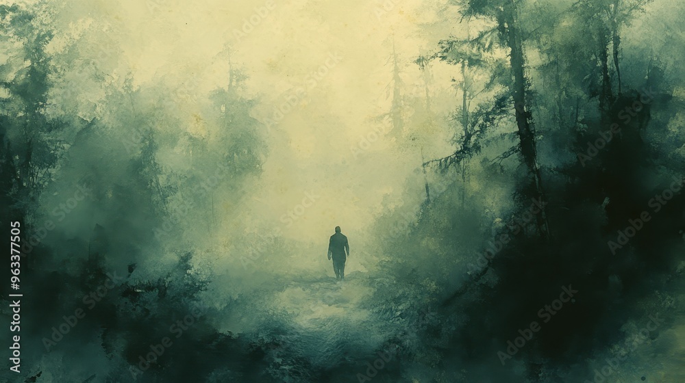 Ethereal Journey: Man Seeking Clarity in Misty Forest, Watercolor Illustration Ethereal Journey: Man Seeking Clarity in Misty Forest, Watercolor Illustration