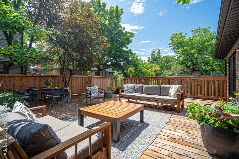 Backyard deck with outdoor furniture and wooden fence, capturing a suburban home landscape on a sunny day with a blue sky, photo taken from the back of the yard using a wide-angle lens. Backyard deck with outdoor furniture and wooden fence, capturing a suburban home landscape on a sunny day with a blue sky, photo taken from the back of the yard using a wide-angle lens.