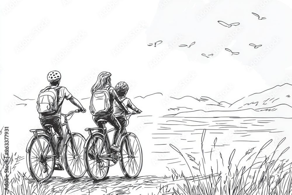 Obraz premium A Family's Bike Adventure: Three silhouettes ride bikes along a serene lake, with birds soaring overhead, a moment of shared joy and peaceful exploration.