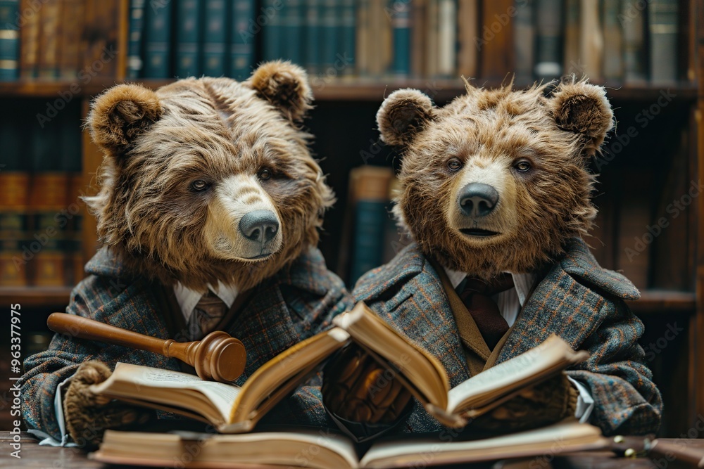 Two Brown Bears in Suits Reading Books
