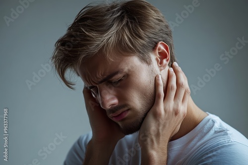 A young man appears distressed, covering his ears with his hands The expression on his face conveys emotional pain or overwhelming noise, highlighting a moment of vulnerability and introspection