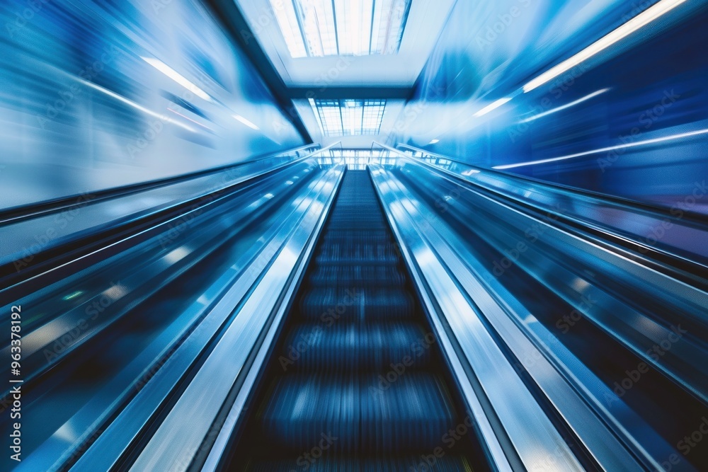 Motion blur effect on a moving escalator in a modern building. Futuristic urban transportation concept for banner and poster.