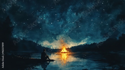 Contemplative Man by Campfire under Starlit Sky - Watercolor Illustration of Serene Reflection in Nature