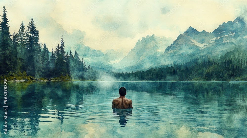Serene Watercolor: Man Finding Peace Swimming in Lake