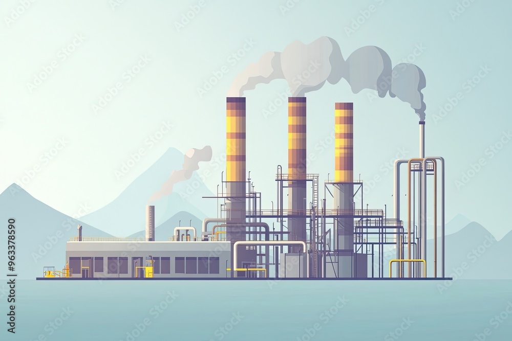 A Minimalist Depiction of a Geothermal Energy Plant, Its Tall Chimneys Emitting Smoke Against a Subtle Blue Sky, Representing Both Progress and Environmental Concerns. A Minimalist Depiction of a Geothermal Energy Plant, Its Tall Chimneys Emitting Smoke Against a Subtle Blue Sky, Representing Both Progress and Environmental Concerns.