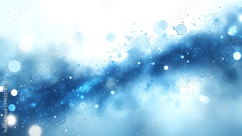 Abstract blue and white background with bokeh lights and a wavy cloud-like shape.