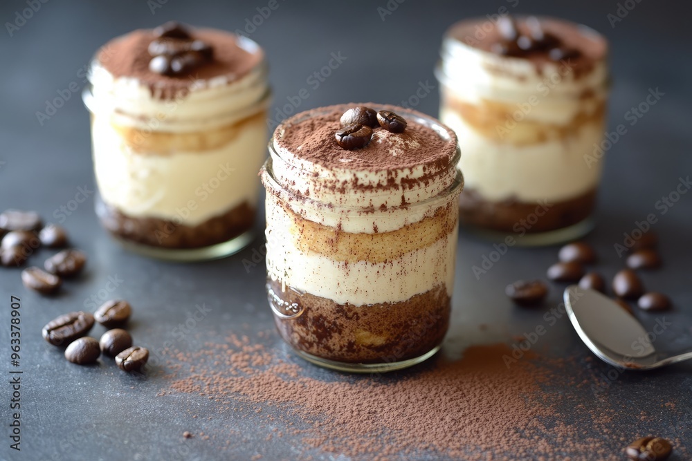 Individual servings of espresso tiramisu in mason jars, with a sprinkle of cocoa powder and a coffee bean garnish