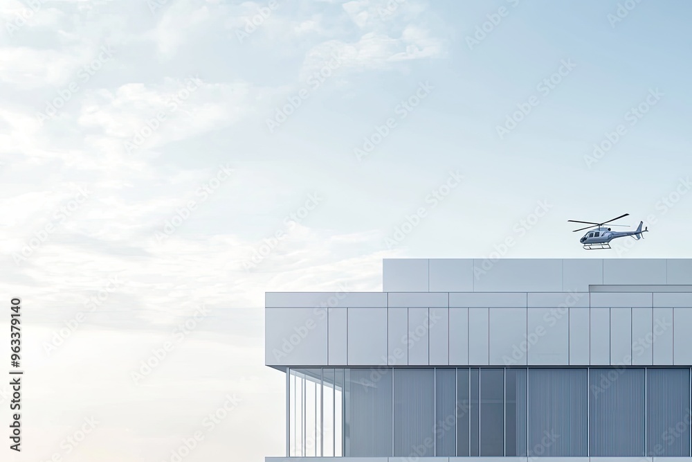 Obraz premium A helicopter hovers above a sleek, modern building, its rotors casting a shadow on the white facade.