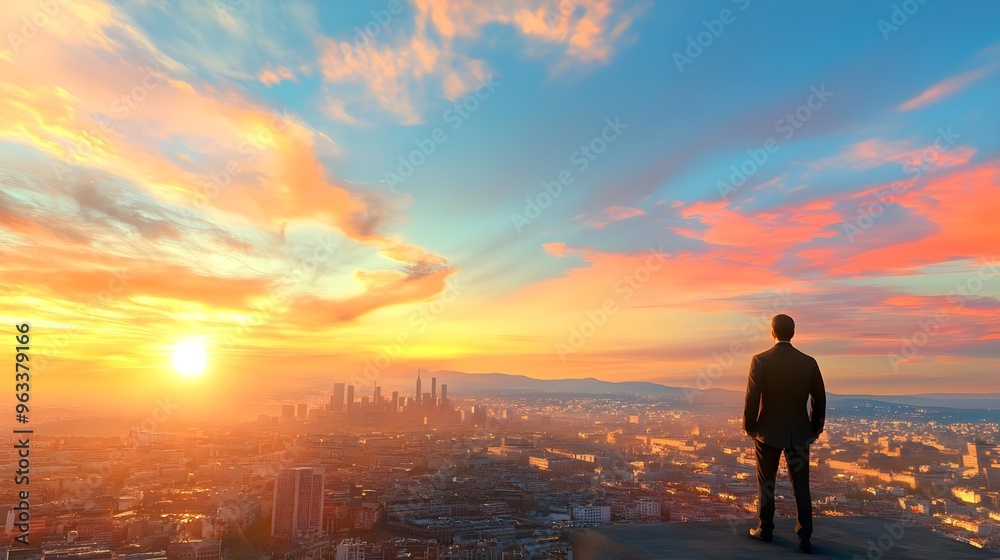 A person stands on a cliff overlooking a city at sunset, with vibrant skies and a sense of contemplation and opportunity. A person stands on a cliff overlooking a city at sunset, with vibrant skies and a sense of contemplation and opportunity.