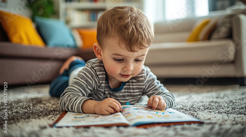 A curious baby lies on the floor of a cozy living room and looks at a coloring book.