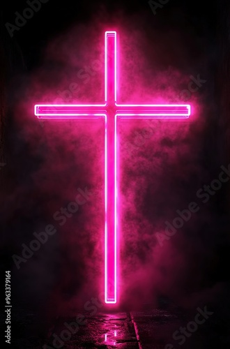 
Neon pink cross on a black background

 photo