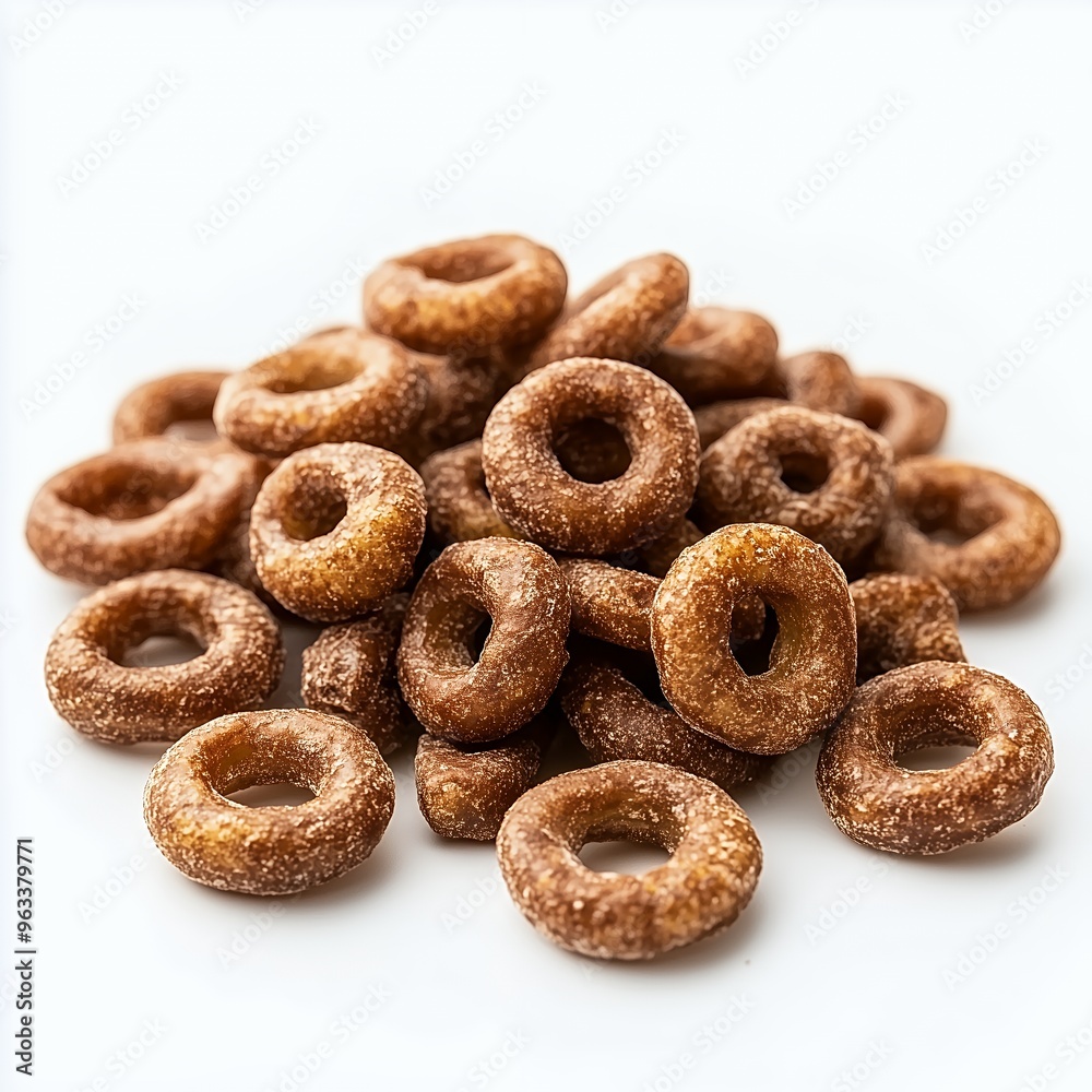 A close-up of a pile of chocolate cereal rings on a white surface. A close-up of a pile of chocolate cereal rings on a white surface.