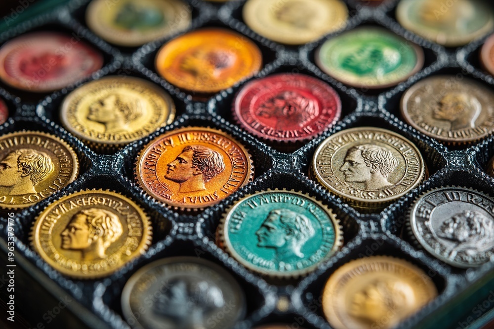 a beautifully arranged collection of stamps or coins showcasing a hobbyists collection a beautifully arranged collection of stamps or coins showcasing a hobbyists collection