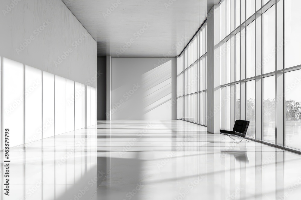 Fototapeta premium A Minimalist Conference Center: Sunlight Bathes a Sleek, Modern Interior, Creating a Serene and Inviting Atmosphere.