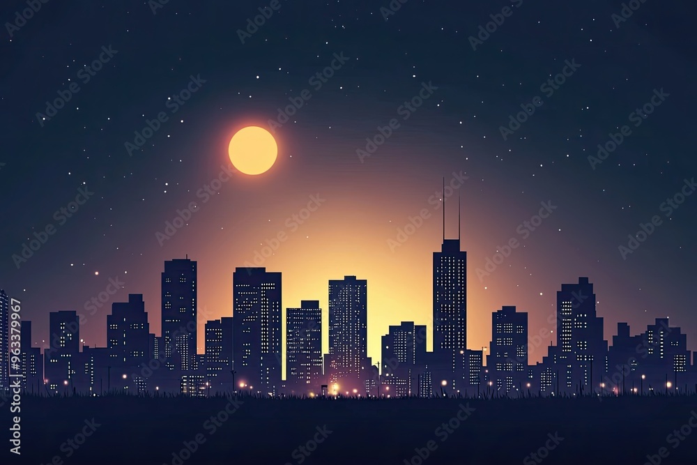 A Silhouetted City Under a Starry Sky, Bathed in the Warm Glow of a Distant Sun A Silhouetted City Under a Starry Sky, Bathed in the Warm Glow of a Distant Sun