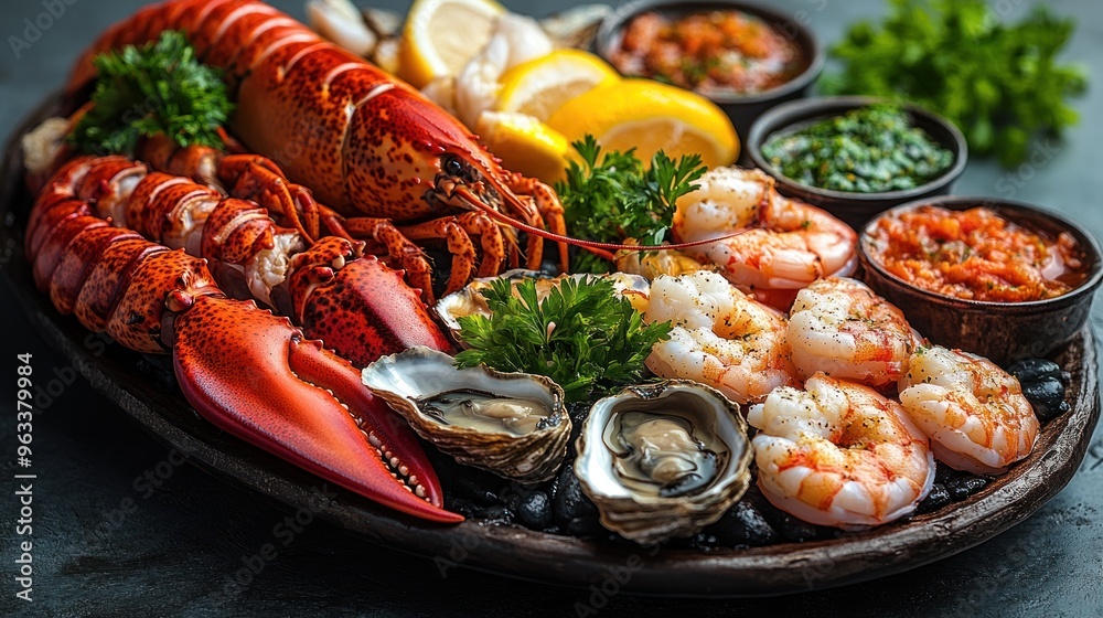 A seafood platter featuring lobster, shrimp, oysters, and garnishes. A seafood platter featuring lobster, shrimp, oysters, and garnishes.