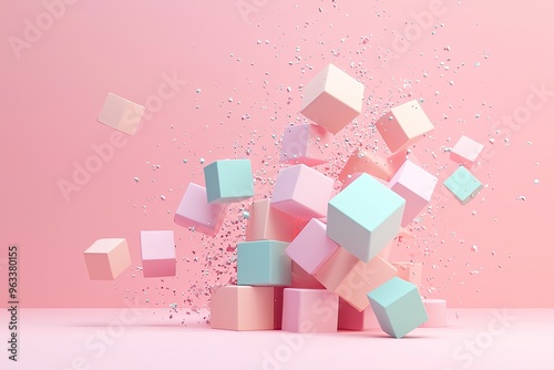 A Burst of Pastel: Cubes Explode in a Whimsical Dance of Color and Light photo