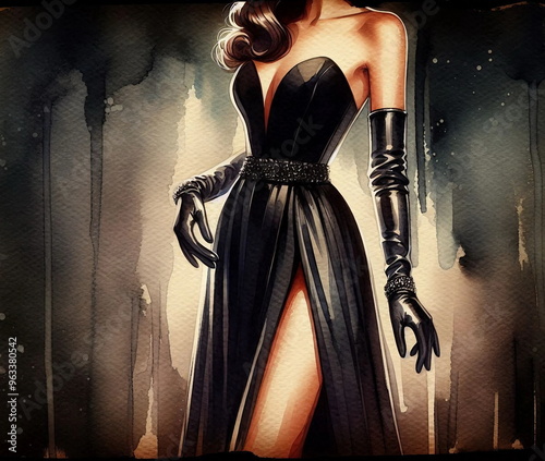 woman wearing an elegant strapless gown with a high slit, accessorized with long gloves. The background features abstract watercolor-like vertical streaks in shades of black and gray, giving the impre photo