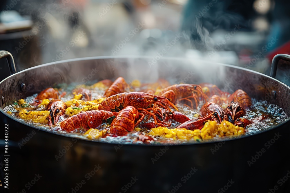 A pot of boiling water with crayfish being cooked, their vibrant colors contrasting with the bubbling water. A pot of boiling water with crayfish being cooked, their vibrant colors contrasting with the bubbling water.