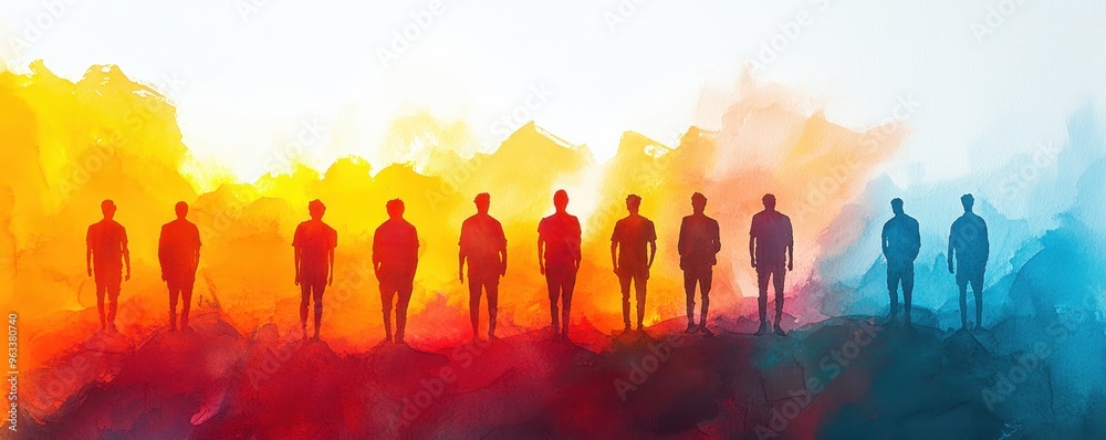 Embracing Mental Wellness - Men of Different Ages by Vibrant Sunrise Watercolor Strokes