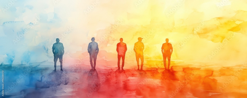Embracing Generational Wellness - Men Reflecting at Colorful Sunrise with Watercolor Symbolism Embracing Generational Wellness - Men Reflecting at Colorful Sunrise with Watercolor Symbolism