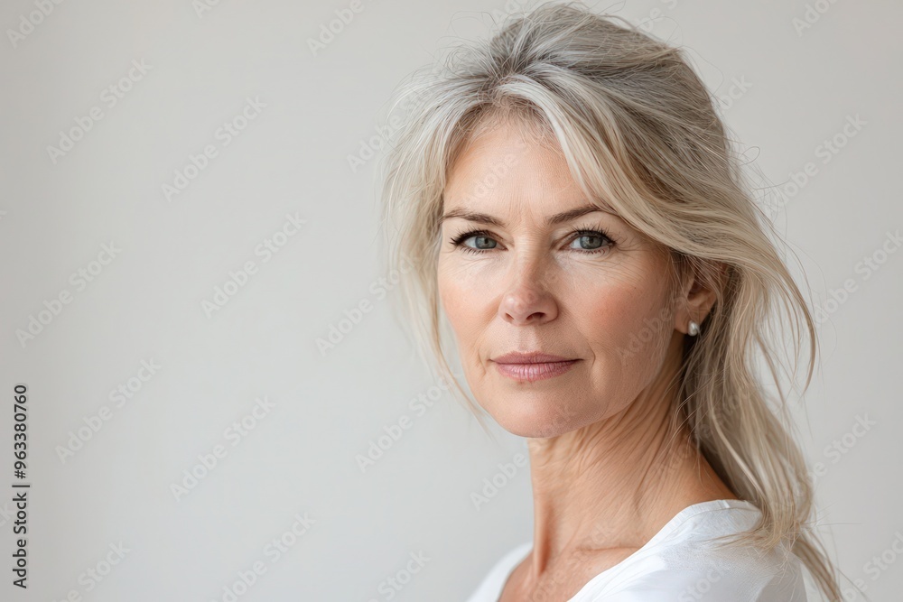 A portrait of an elegant woman in her 50s, her gaze reflecting wisdom and grace against a clean white background.