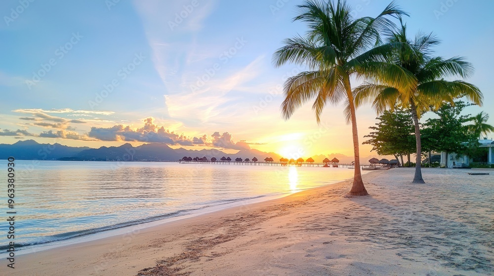 Fototapeta premium Tranquil Tropical Paradise: Mesmerizing Sunset at the Beach with Swaying Palm Trees