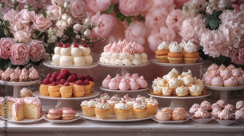 A beautiful display of assorted pink-themed desserts and pastries.